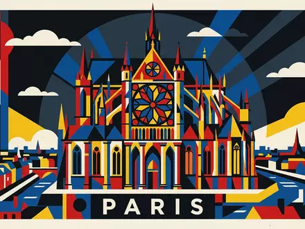 Bauhaus-Poster als geometrische Abstraktion von Sainte-Chapelle Paris in Paris Frankreich, kraeftige Grundfarben und harte Formkanten - Foto: THN
