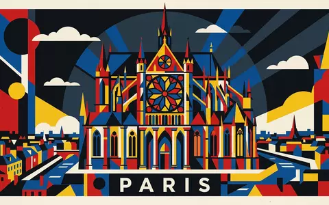 Bauhaus-Poster als geometrische Abstraktion von Sainte-Chapelle Paris in Paris Frankreich, kraeftige Grundfarben und harte Formkanten - Foto: THN