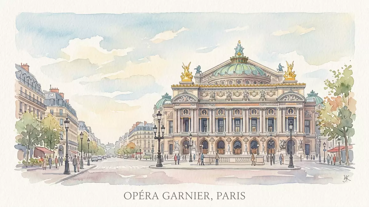 Aquarell-Illustration von Opera Garnier Paris in Paris, Frankreich als Reiseposter