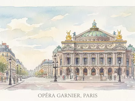 Aquarellillustration des Wahrzeichens Opera Garnier Paris in Paris Frankreich, weiche Farbverläufe und pastelliges Reiseposter-Feeling - Foto: THN