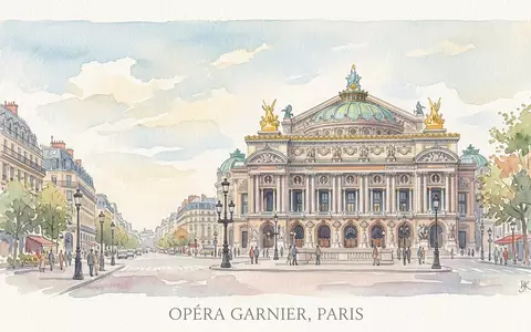 Aquarellillustration des Wahrzeichens Opera Garnier Paris in Paris Frankreich, weiche Farbverläufe und pastelliges Reiseposter-Feeling - Foto: THN