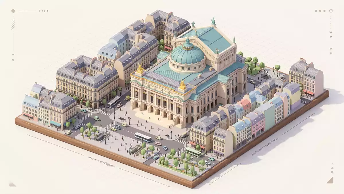 Isometrisches Diorama von Opera Garnier Paris in Paris, Frankreich in Pastell