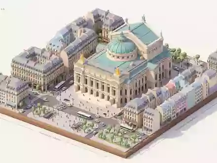 Isometrisches Diorama von Opera Garnier Paris und Umgebung in Paris Frankreich, verspielte Low-Poly-Kulisse in Pastellfarben - Foto: THN