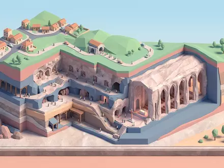 Isometrisches Diorama von Salzkathedrale Zipaquira und Umgebung in Zipaquira Kolumbien, verspielte Low-Poly-Kulisse in Pastellfarben - Foto: THN