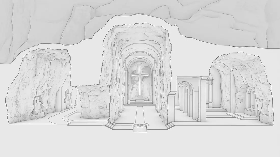 Architektur-Render von Salzkathedrale Zipaquira in Zipaquira, Kolumbien bei Tageslicht