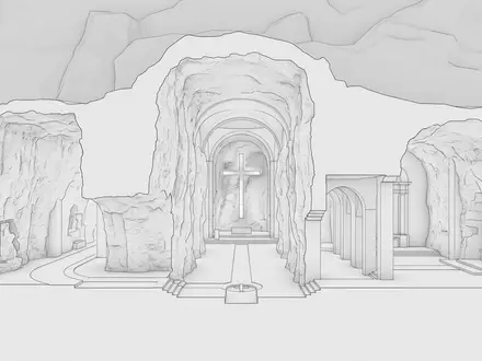 Moderner Architektur-Render zeigt Silhouette von Salzkathedrale Zipaquira in Zipaquira Kolumbien, klare Linien und neutrales Tageslicht - Foto: THN