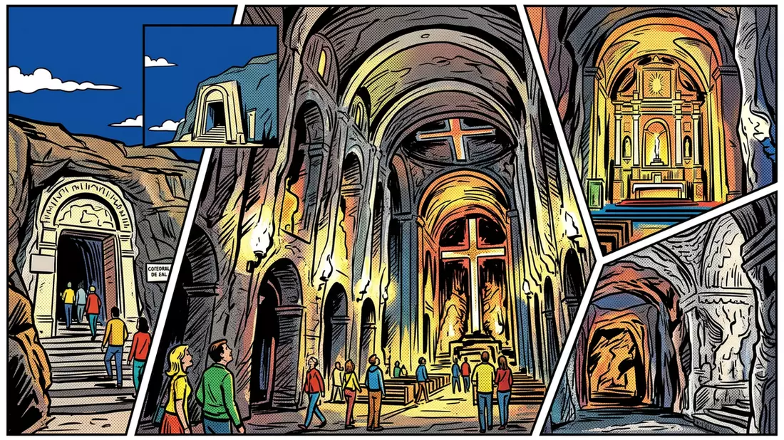 Pop-Art-Comic von Salzkathedrale Zipaquira in Zipaquira, Kolumbien mit Rasterpunkten