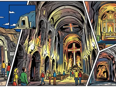 Pop-Art-Comicillustration des Wahrzeichens Salzkathedrale Zipaquira in Zipaquira Kolumbien, kraeftige Konturen Rasterpunkte und satte Farben - Foto: THN