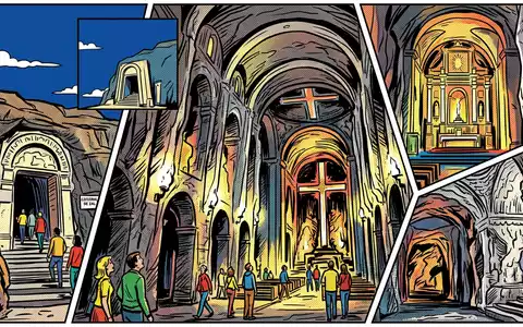 Pop-Art-Comicillustration des Wahrzeichens Salzkathedrale Zipaquira in Zipaquira Kolumbien, kraeftige Konturen Rasterpunkte und satte Farben - Foto: THN