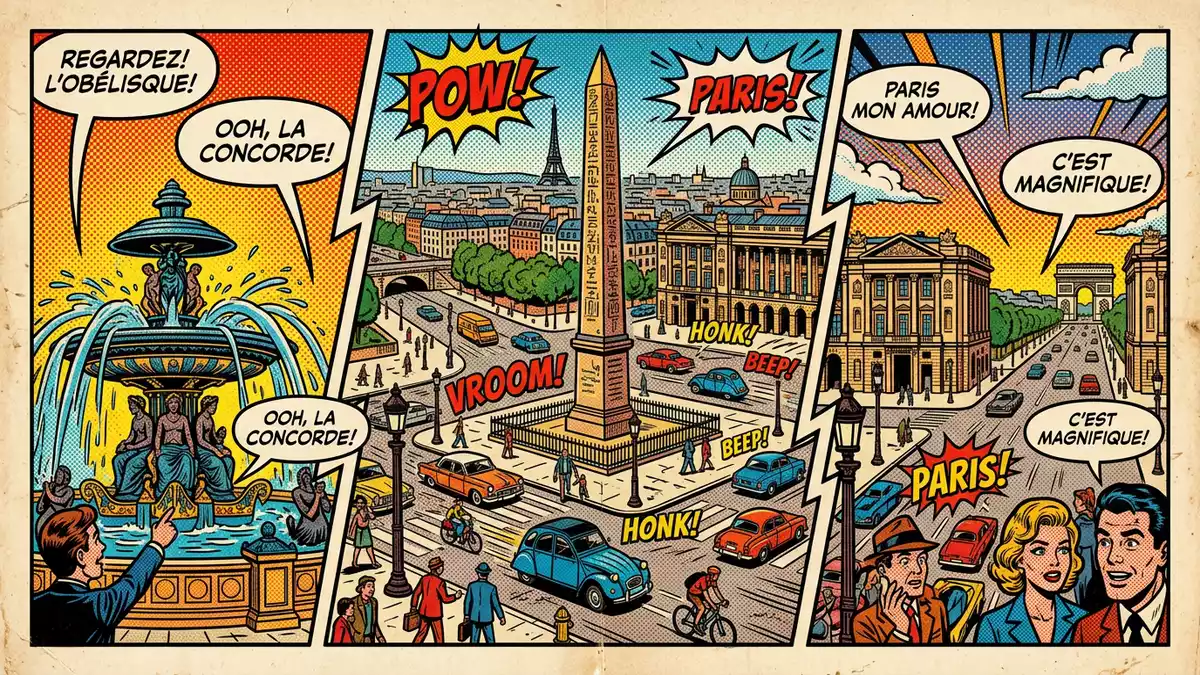 Pop-Art-Comic von Place de la Concorde Paris in Paris, Frankreich mit Rasterpunkten