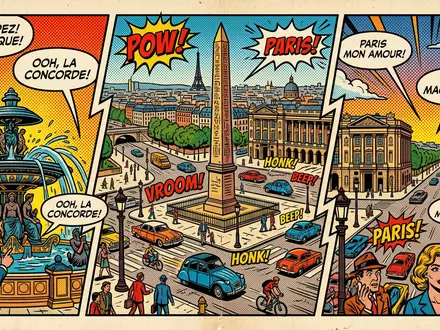 Pop-Art-Comicillustration des Wahrzeichens Place de la Concorde Paris in Paris Frankreich, kraeftige Konturen Rasterpunkte und - Foto: THN