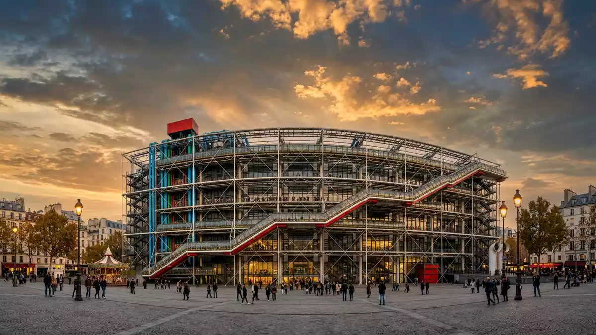 Fotorealistische Ansicht von Centre Pompidou Paris in Paris, Frankreich im Abendlicht