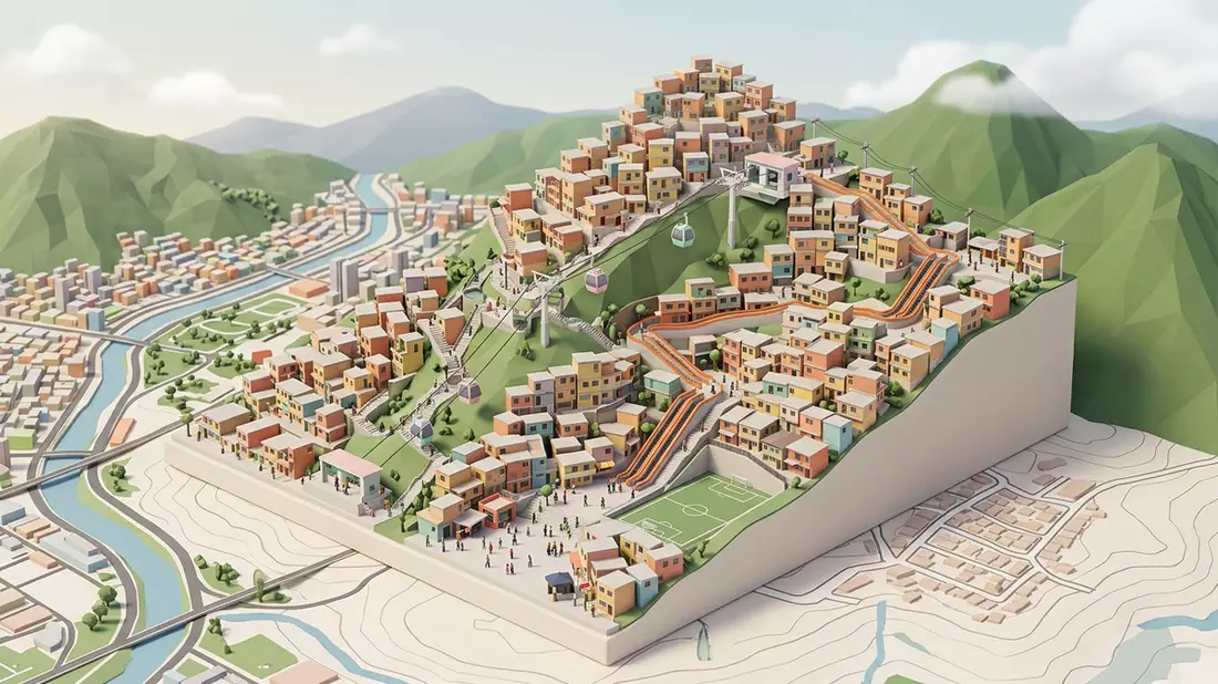 Isometrisches Diorama von Comuna 13 Medellin in Medellin, Kolumbien in Pastell