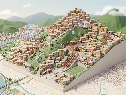 Isometrisches Diorama von Comuna 13 Medellin und Umgebung in Medellin Kolumbien, verspielte Low-Poly-Kulisse in Pastellfarben - Foto: THN