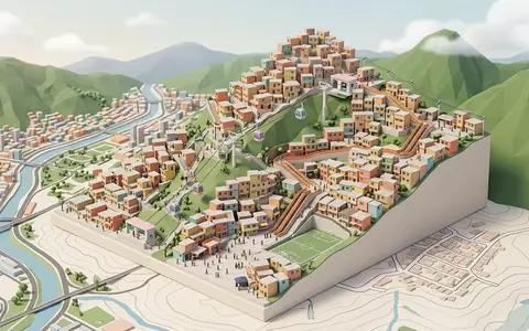 Isometrisches Diorama von Comuna 13 Medellin und Umgebung in Medellin Kolumbien, verspielte Low-Poly-Kulisse in Pastellfarben - Foto: THN