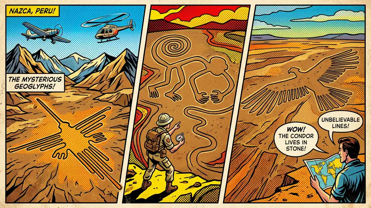Pop-Art-Comic von Nazca-Linien in Nazca, Peru mit Rasterpunkten