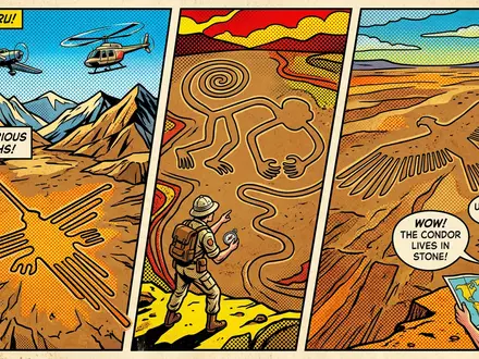 Pop-Art-Comicillustration des Wahrzeichens Nazca-Linien in Nazca Peru, kraeftige Konturen Rasterpunkte und satte Farben - Foto: THN