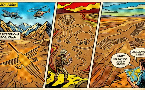 Pop-Art-Comicillustration des Wahrzeichens Nazca-Linien in Nazca Peru, kraeftige Konturen Rasterpunkte und satte Farben - Foto: THN