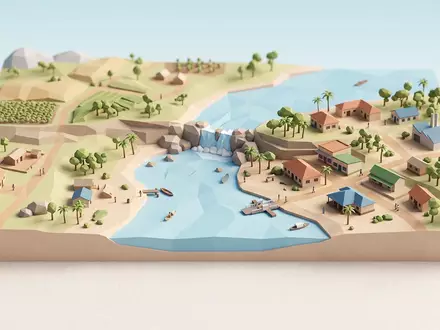 Isometrisches Diorama von Quelle des Nils und Umgebung in Jinja Uganda, verspielte Low-Poly-Kulisse in Pastellfarben - Foto: THN