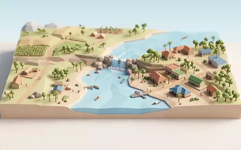 Isometrisches Diorama von Quelle des Nils und Umgebung in Jinja Uganda, verspielte Low-Poly-Kulisse in Pastellfarben - Foto: THN