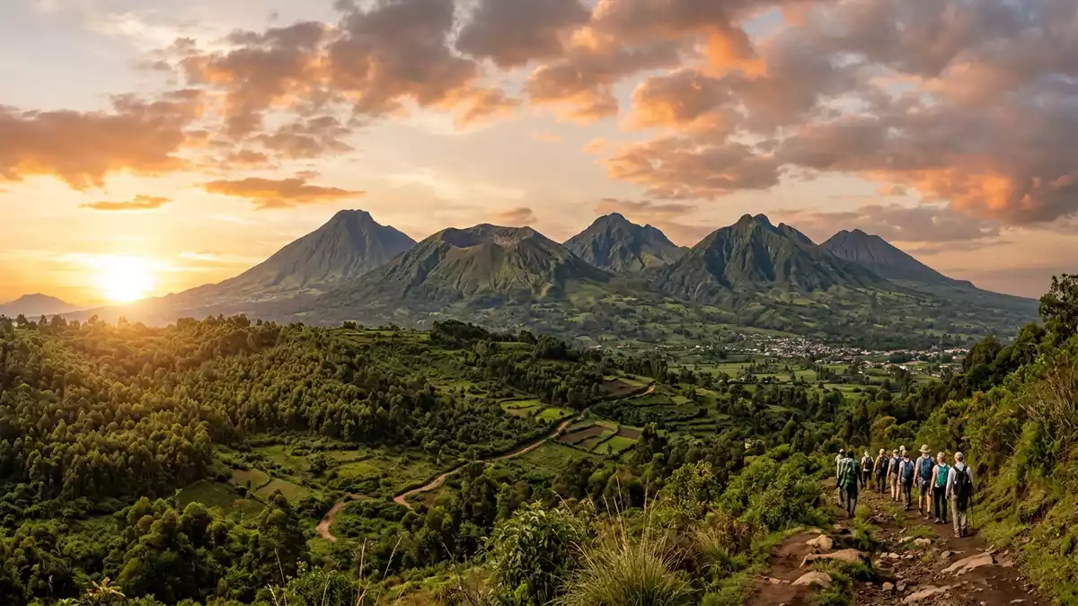 Fotorealistische Ansicht von Volcanoes-Nationalpark Rwanda in Musanze, Ruanda im Abendlicht