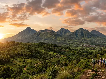 Fotorealistische Panoramaaufnahme von Volcanoes-Nationalpark Rwanda in Musanze Ruanda, warmes Abendlicht auf Wahrzeichen - Foto: THN