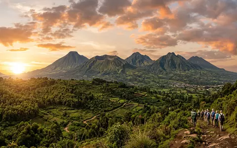 Fotorealistische Panoramaaufnahme von Volcanoes-Nationalpark Rwanda in Musanze Ruanda, warmes Abendlicht auf Wahrzeichen - Foto: THN