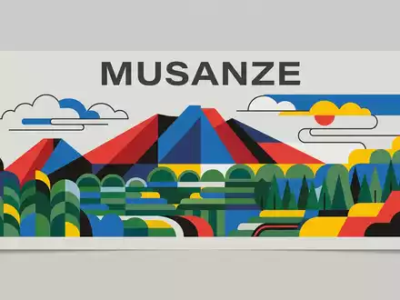 Bauhaus-Poster als geometrische Abstraktion von Volcanoes-Nationalpark Rwanda in Musanze Ruanda, kraeftige Grundfarben und harte Formkanten - Foto: THN