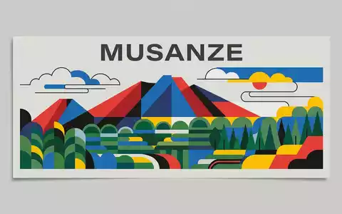 Bauhaus-Poster als geometrische Abstraktion von Volcanoes-Nationalpark Rwanda in Musanze Ruanda, kraeftige Grundfarben und harte Formkanten - Foto: THN
