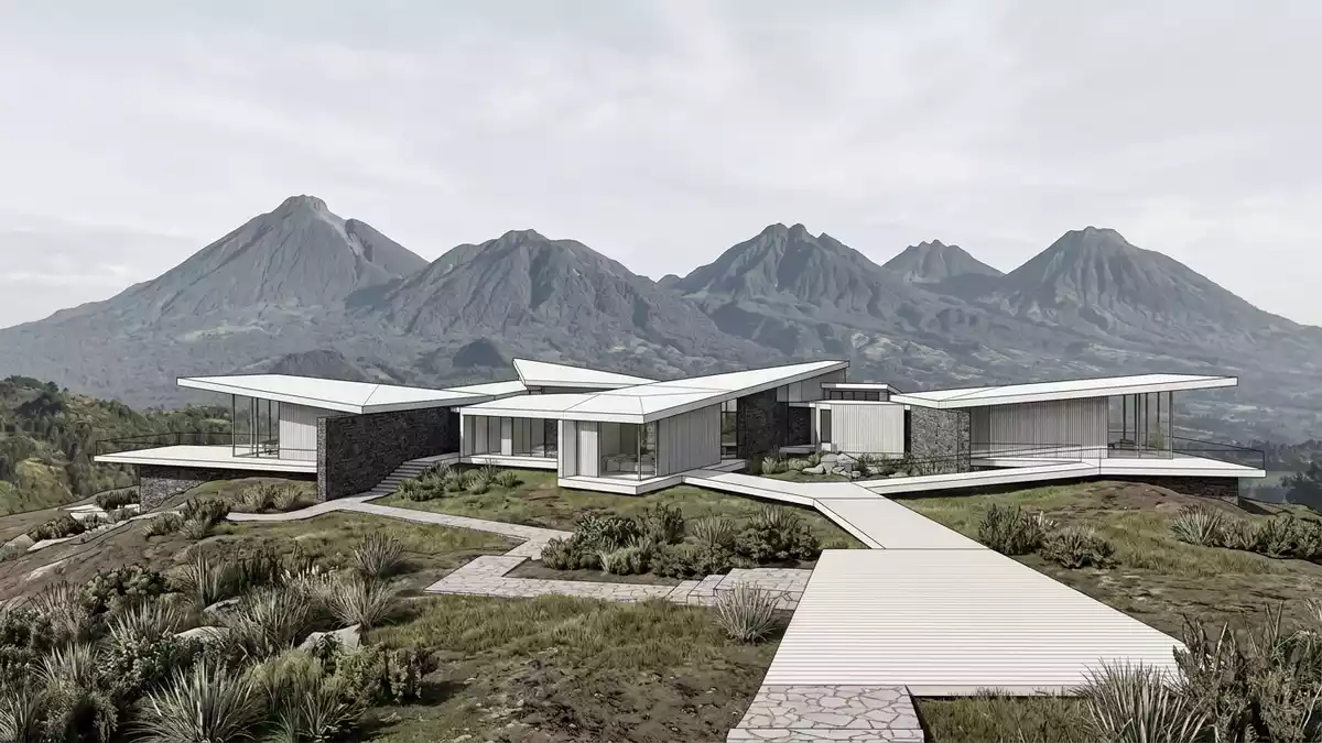 Architektur-Render von Volcanoes-Nationalpark Rwanda in Musanze, Ruanda bei Tageslicht