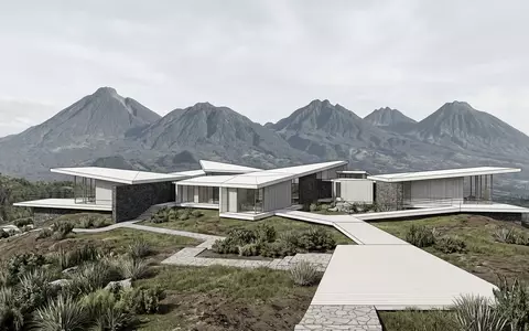 Moderner Architektur-Render zeigt Silhouette von Volcanoes-Nationalpark Rwanda in Musanze Ruanda, klare Linien und neutrales Tageslicht - Foto: THN