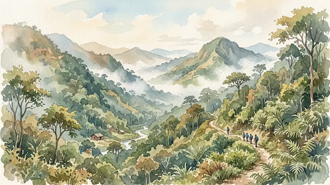 Aquarell-Illustration von Bwindi Impenetrable National Park in Kabale, Uganda als Reiseposter