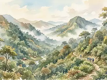 Aquarellillustration des Wahrzeichens Bwindi Impenetrable National Park in Kabale Uganda, weiche FarbverlÀufe und pastelliges Reiseposter-Feeling - Foto: THN