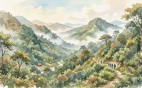 Aquarellillustration des Wahrzeichens Bwindi Impenetrable National Park in Kabale Uganda, weiche Farbverläufe und pastelliges Reiseposter-Feeling - Foto: THN