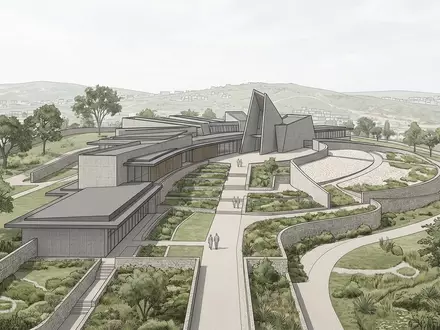 Moderner Architektur-Render zeigt Silhouette von Kigali Genocide Memorial in Kigali Ruanda, klare Linien und neutrales - Foto: THN