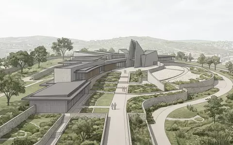 Moderner Architektur-Render zeigt Silhouette von Kigali Genocide Memorial in Kigali Ruanda, klare Linien und neutrales - Foto: THN