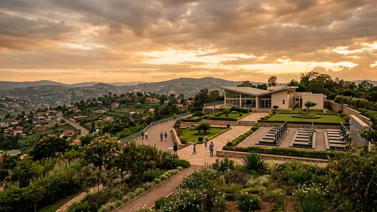 Fotorealistische Ansicht von Kigali Genocide Memorial in Kigali, Ruanda im Abendlicht