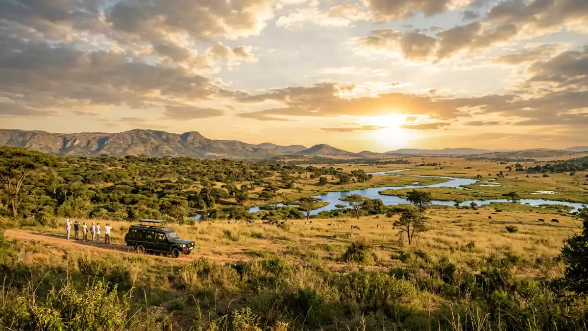 Fotorealistische Ansicht von Akagera-Nationalpark in Kayonza, Ruanda im Abendlicht
