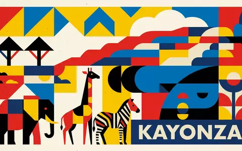 Bauhaus-Poster als geometrische Abstraktion von Akagera-Nationalpark in Kayonza Ruanda, kraeftige Grundfarben und harte Formkanten - Foto: THN