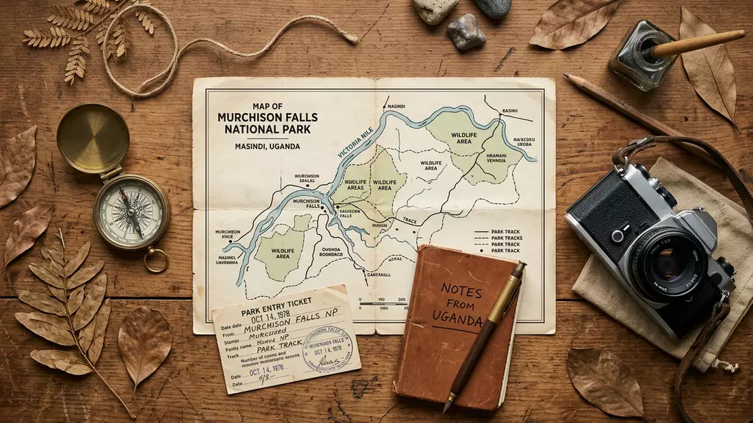 Flatlay-Reise-Arrangement rund um Murchison-Falls-Nationalpark in Masindi, Uganda