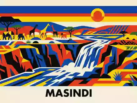 Bauhaus-Poster als geometrische Abstraktion von Murchison-Falls-Nationalpark in Masindi Uganda, kraeftige Grundfarben und harte Formkanten - Foto: THN