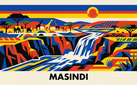 Bauhaus-Poster als geometrische Abstraktion von Murchison-Falls-Nationalpark in Masindi Uganda, kraeftige Grundfarben und harte Formkanten - Foto: THN