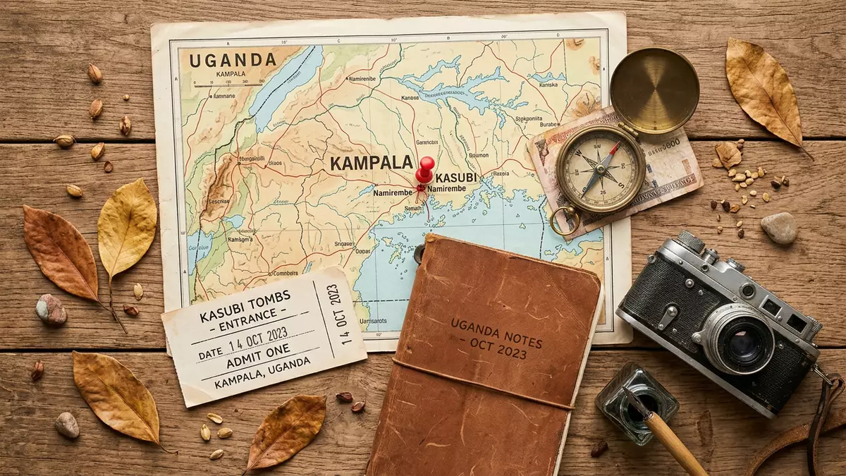 Flatlay-Reise-Arrangement rund um Kasubi Tombs in Kampala, Uganda