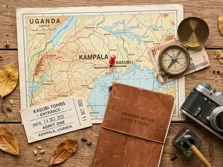 Flatlay-Reise-Arrangement rund um Kasubi Tombs in Kampala Uganda, Karte Kompass Kamera und generische Reiserequisiten - Foto: THN