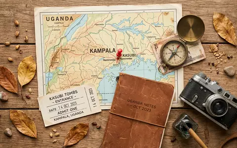 Flatlay-Reise-Arrangement rund um Kasubi Tombs in Kampala Uganda, Karte Kompass Kamera und generische Reiserequisiten - Foto: THN