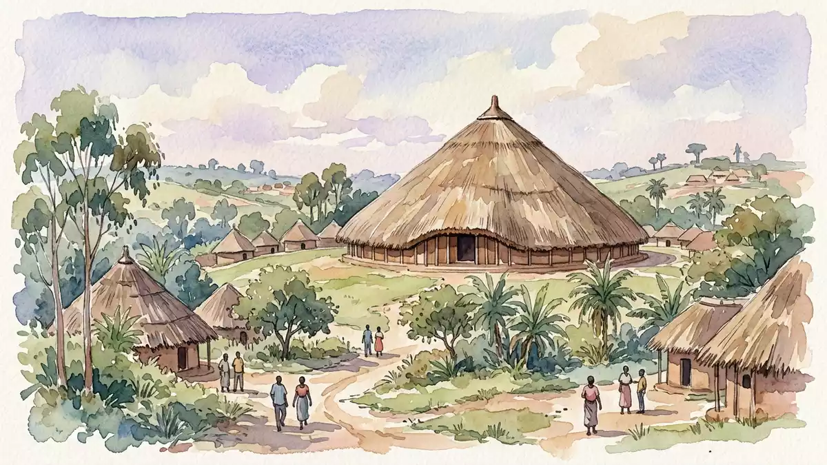 Aquarell-Illustration von Kasubi Tombs in Kampala, Uganda als Reiseposter