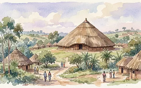 Aquarellillustration des Wahrzeichens Kasubi Tombs in Kampala Uganda, weiche Farbverläufe und pastelliges Reiseposter-Feeling - Foto: THN