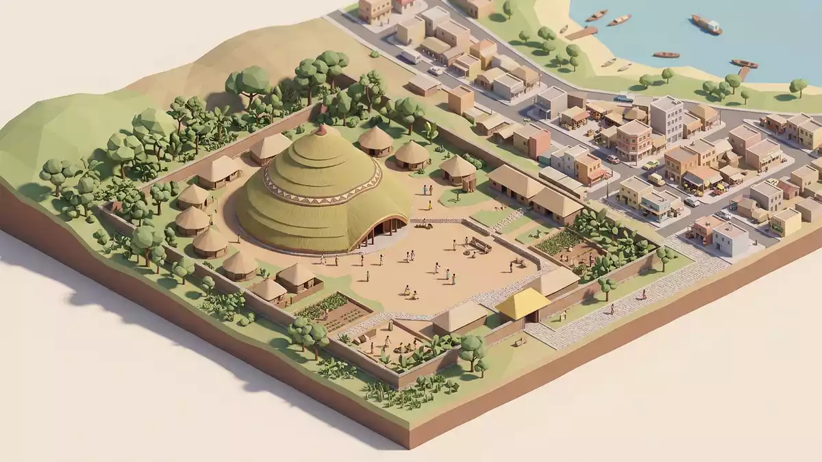 Isometrisches Diorama von Kasubi Tombs in Kampala, Uganda in Pastell