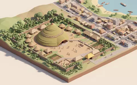 Isometrisches Diorama von Kasubi Tombs und Umgebung in Kampala Uganda, verspielte Low-Poly-Kulisse in Pastellfarben - Foto: THN