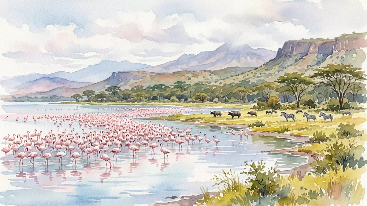 Aquarell-Illustration von Lake-Nakuru-Nationalpark in Nakuru, Kenia als Reiseposter
